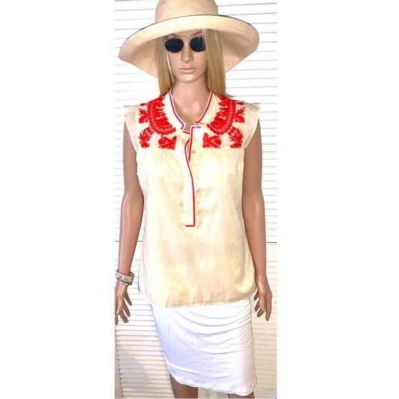 J. Crew ivory blouse with orange accent embroidery double layered Women’s size 8 - Picture 1 of 7
